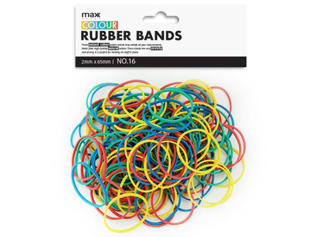 Max Brand Natural Colour #16 Rubber Bands, 12 packs, strong and stretchy, perfect for organizing papers and cables.