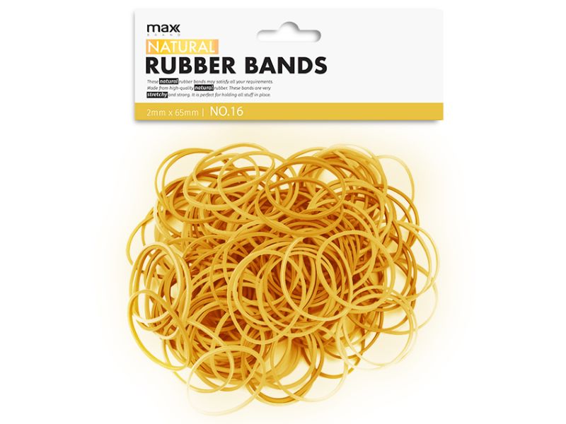 Max Brand Natural #16 Rubber Bands in 12 packs, featuring strong, stretchy 80% natural rubber for versatile organizing.