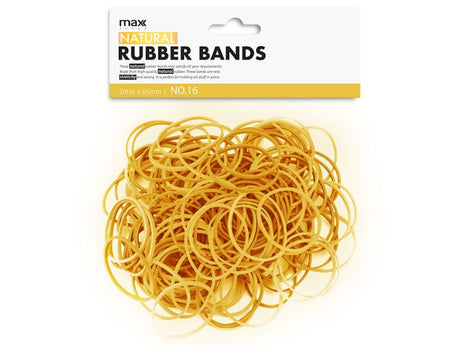 Max Brand Natural #16 Rubber Bands in 12 packs, featuring strong, stretchy 80% natural rubber for versatile organizing.