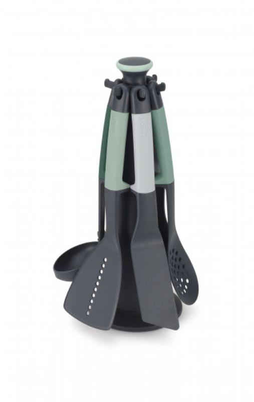 Joseph Joseph 6 Piece Utensil Carousel in sage, featuring weighted utensils and a rotating base for easy access and hygiene.