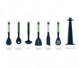 Joseph Joseph 6-piece utensil carousel in sage, featuring hygienic weighted handles and smooth-rotating non-slip base.