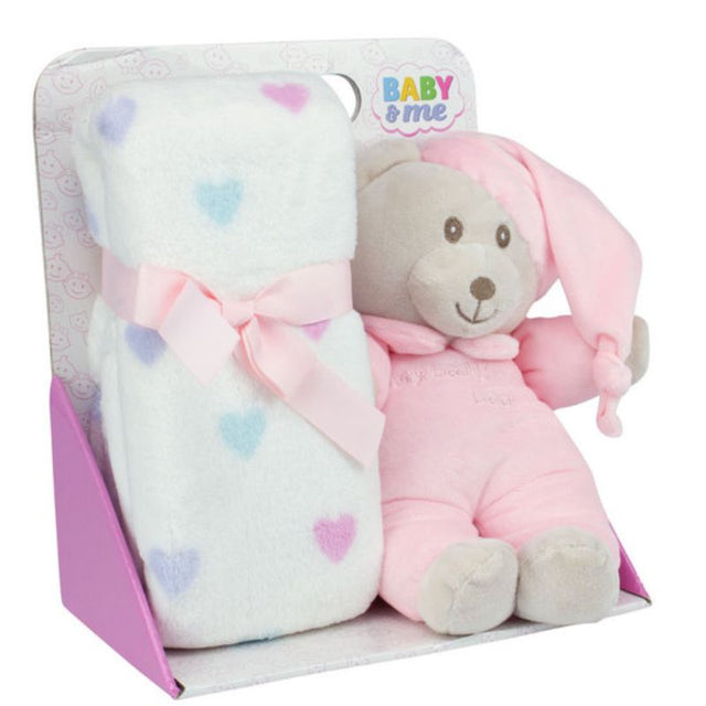 Adorable 25cm pink plush bear with hat and soft blanket, perfect for cuddling and gifting to newborns and toddlers.