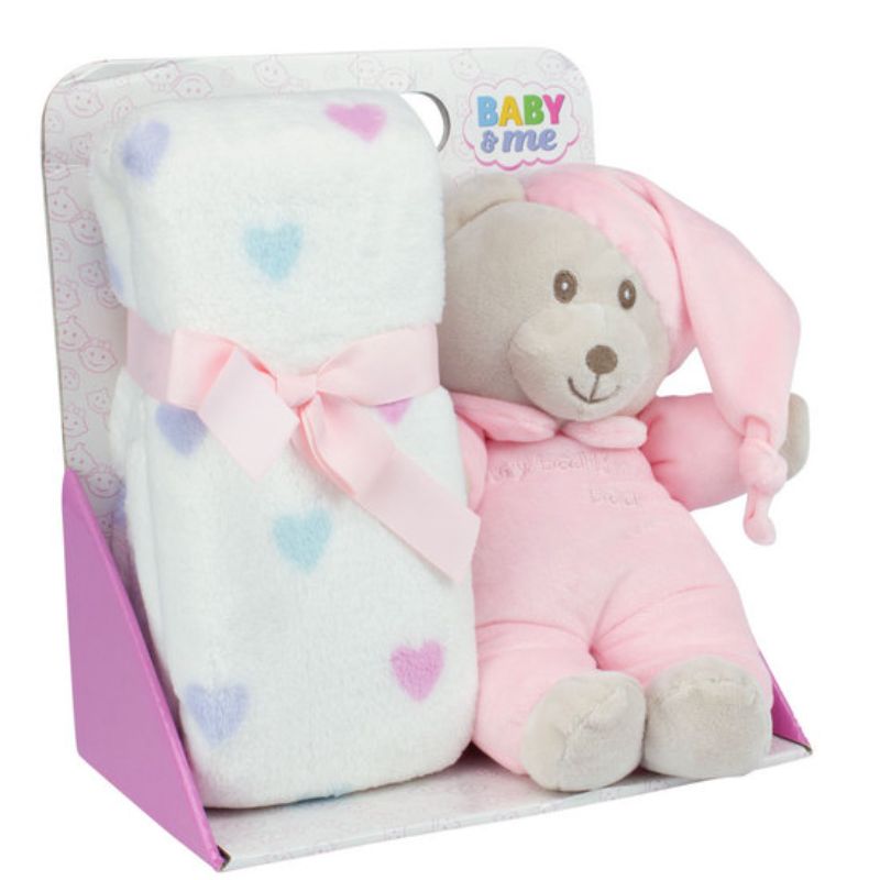 Pink Bear with hat & blanket 25cm Gift Set