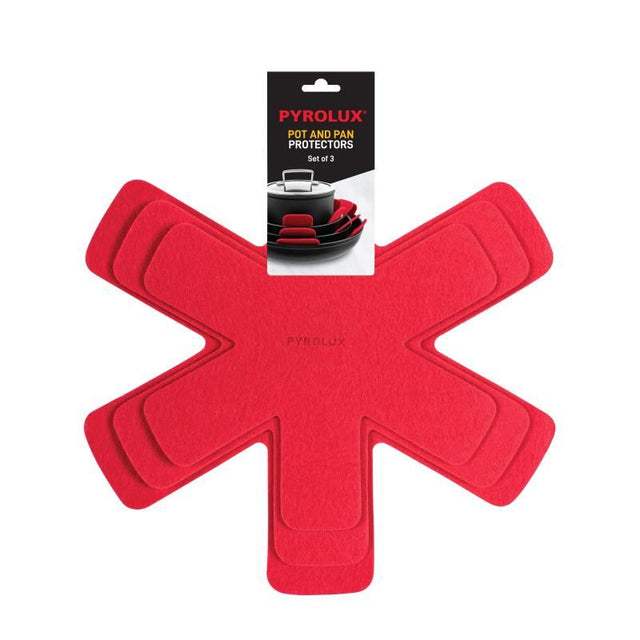 Red felt protectors for stacking pots and pans, sizes 28cm, 33cm, and 38cm, to prevent scratches and damage.