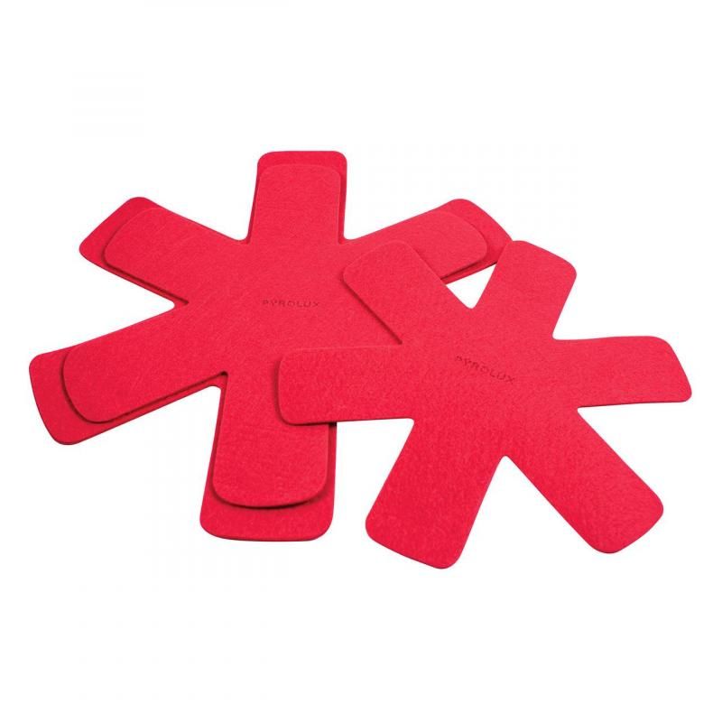 Red felt protectors set of 3 (28/33/38 cm) to prevent scratches and dents on pots and pans during storage.