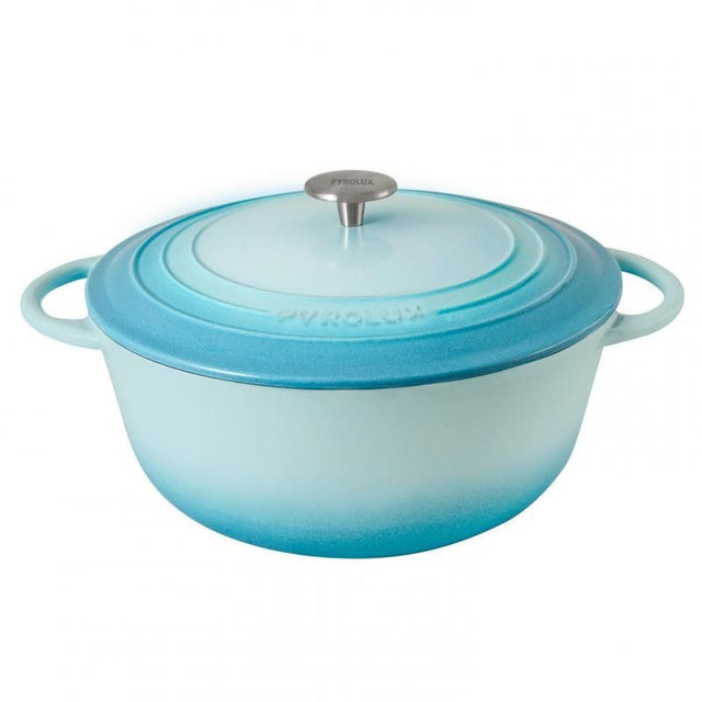 Duck Egg Blue 26cm Pyrolux Round French Oven, ideal for stews and casseroles with excellent heat retention and easy cleaning.