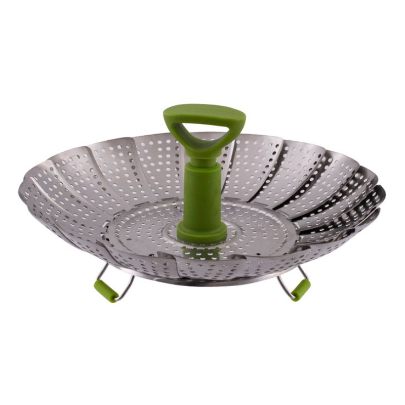 Stainless steel Lotus Steamer Basket (23cm) with adjustable sides and silicone feet, perfect for healthy cooking and easy storage.