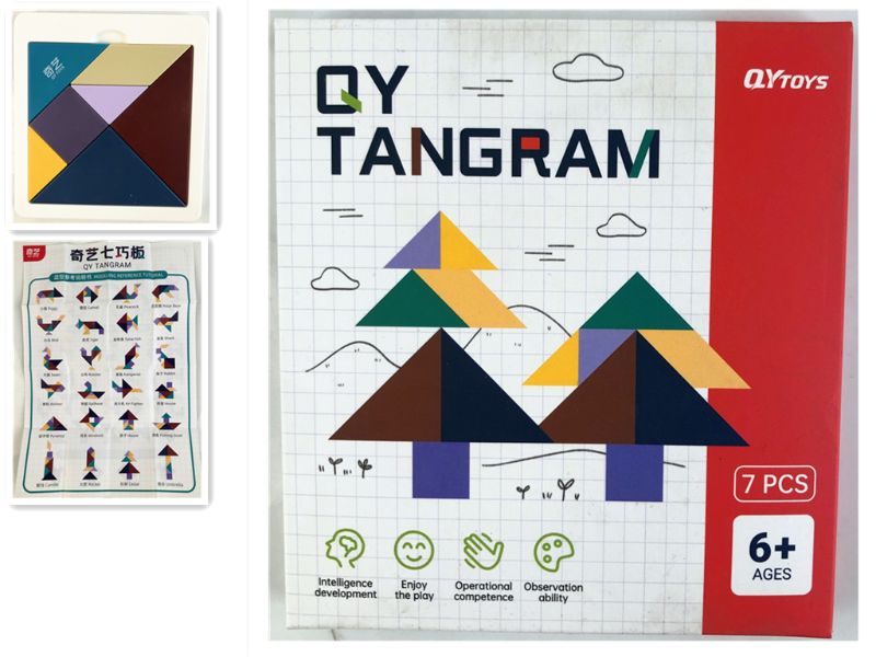 Colorful Tangram puzzle set of 6 pieces, perfect for creativity, problem-solving, and cognitive development in all ages.