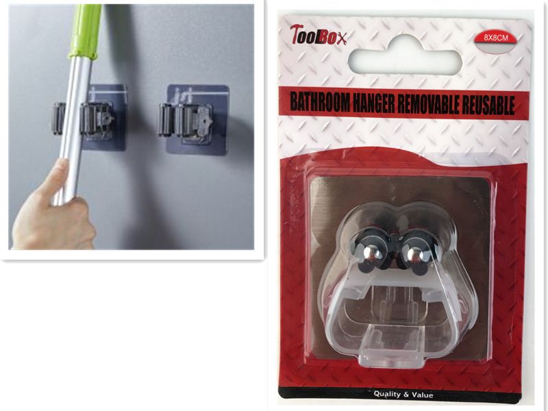 Set of 12 removable and reusable 8cm bathroom hangers for towels and toiletries; easy peel-and-stick installation.