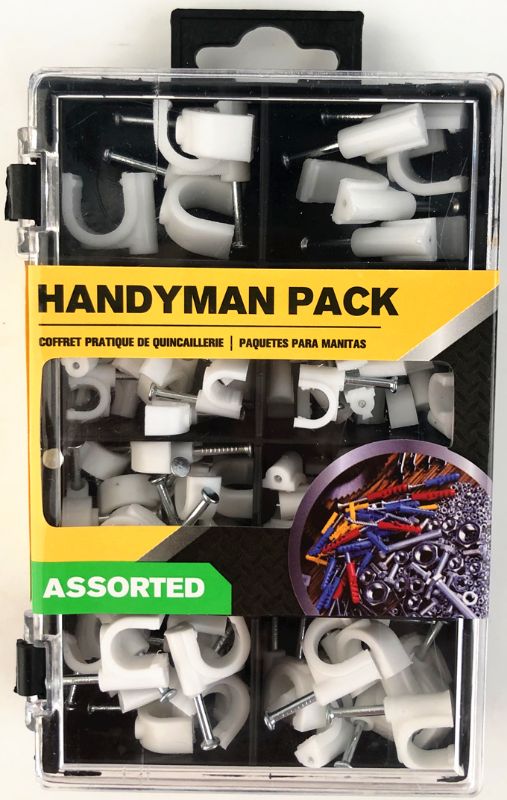 Assorted cable clips in six packs for organized cable management, perfect for home and office use.
