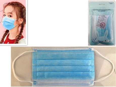 Vibrant blue disposable face masks for kids, 14.5cm x 9.5cm, pack of 60, designed for comfort and safety.