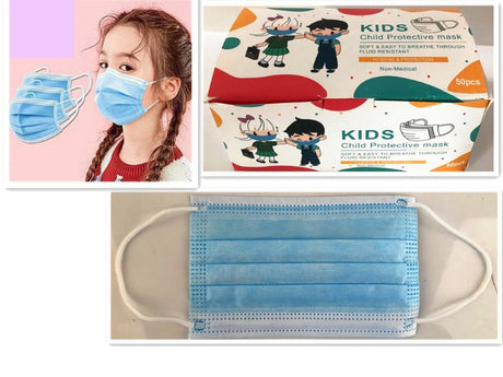 Colorful disposable face masks for kids, designed for comfort and protection, with adjustable features in a box of 50.