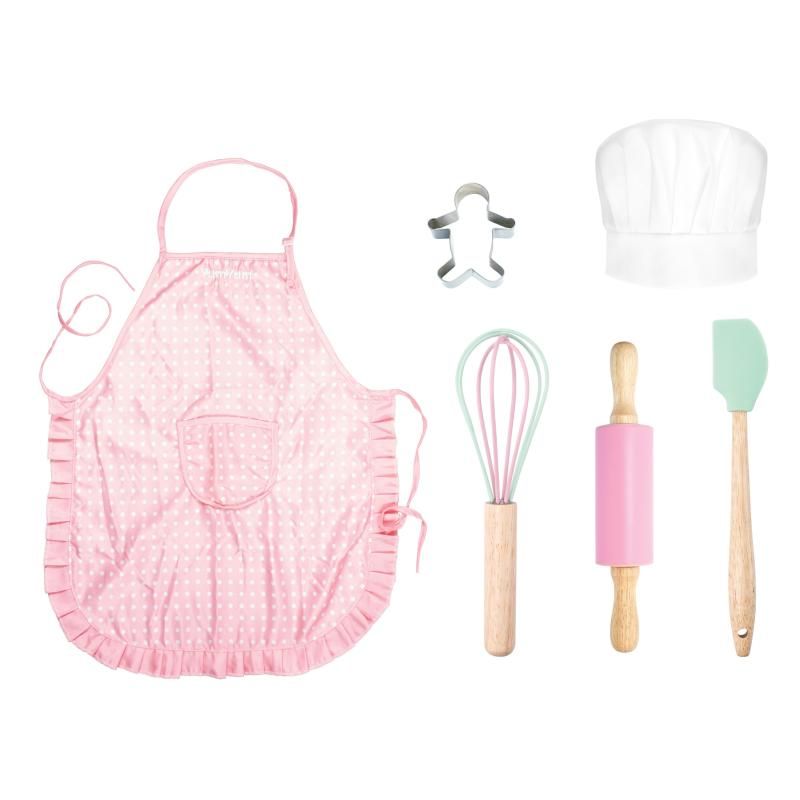 Colorful baking set for girls with utensils, cookie cutters, apron, and chef hat designed for fun, safe culinary exploration.