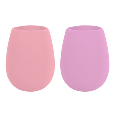 Pink and magenta silicone stemless cups, BPA-free, shatterproof, perfect for outdoor drinks and easy to carry.