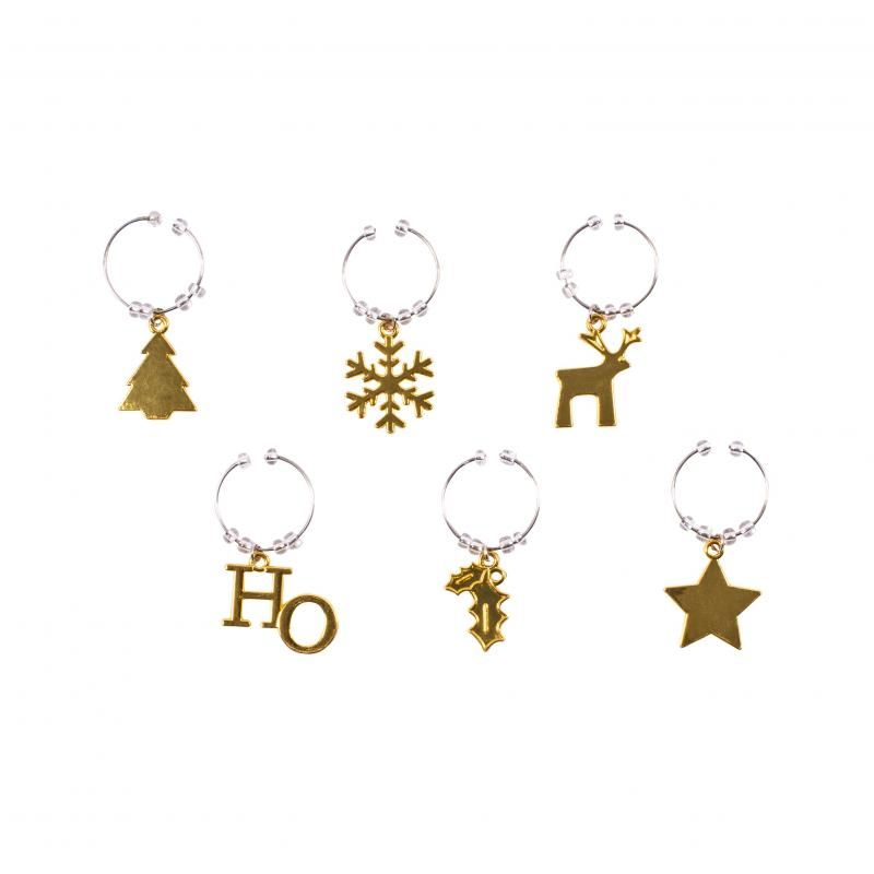 Set of 6 festive gold wine charms featuring unique designs and vibrant beads for easy drink identification at gatherings.