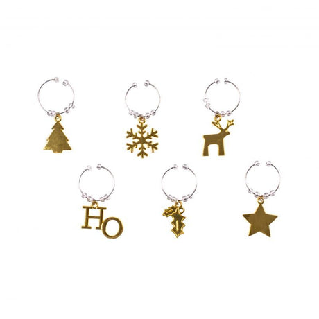 Set of 6 festive gold wine charms featuring unique designs and vibrant beads for easy drink identification at gatherings.