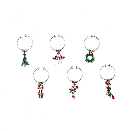 Set of 6 enamelled Christmas wine charms featuring festive designs for easy identification of guests' glasses.