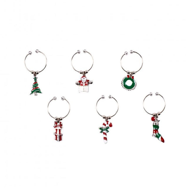 Set of 6 enamelled Christmas wine charms featuring festive designs for easy identification of guests' glasses.