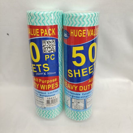 Heavy duty kitchen cleaning cloth roll, 25x30cm, ideal for tough messes, 12 rolls with 50 durable, absorbent cloths each.