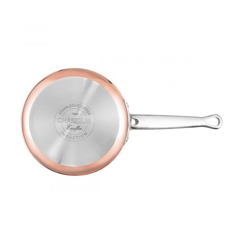 Chasseur Escoffier 14cm induction saucepan with a stunning copper exterior, ideal for cooking and elegant kitchen aesthetics.