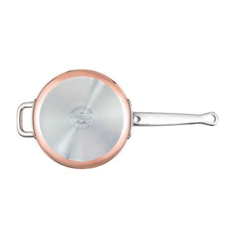 Elegant 20cm induction saucepan with copper exterior, perfect for sautéing and sauce-making, inspired by Escoffier.