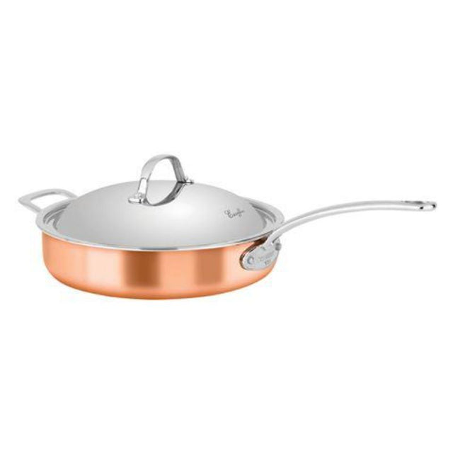 Chasseur Escoffier 28cm copper induction saute pan with helper handle, ideal for sautéeing and simmering, features elegant design.