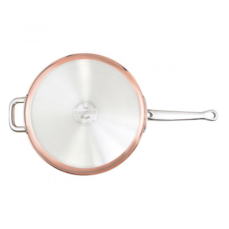 Chasseur Escoffier 28cm copper saute pan with helper handle, ideal for sautéing, simmering, and braising dishes elegantly.