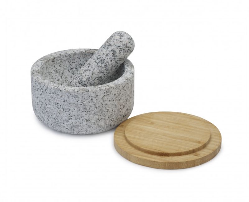 Elegant Joseph Joseph Dash Pestle & Mortar in granite, featuring reversible bamboo lid for cleanliness and preparation.