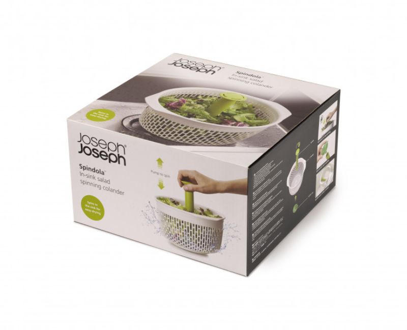 Joseph Joseph Spindola Spinning Colander with pump-action, suction base for easy rinsing and drying of produce.