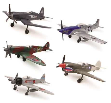 WWII Fighter Plane Model Kit (Assorted) showcasing 5 iconic 1/48 scale aircraft in diecast and plastic for aviation enthusiasts.