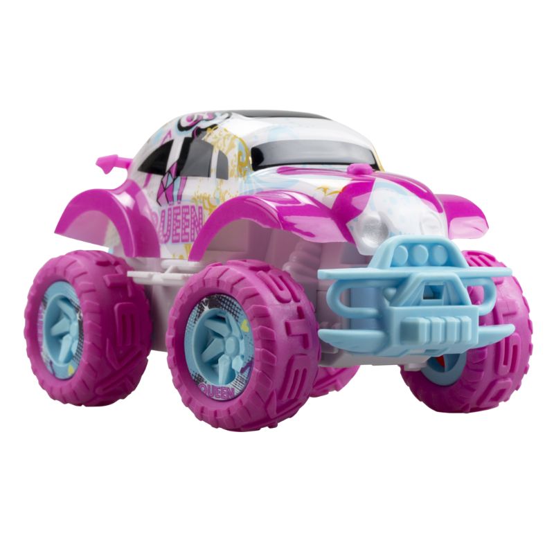 Compact Silverlit Exost Mini Pixie RC car for girls, features 360° stunts, speeds up to 8 km/h, and charming 'Queen' design.