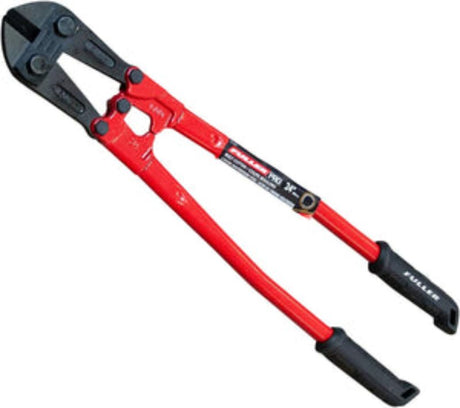 Heavy-duty 600mm black and red bolt cutter with high-carbon steel jaws for cutting padlocks, chains, and bolts efficiently.