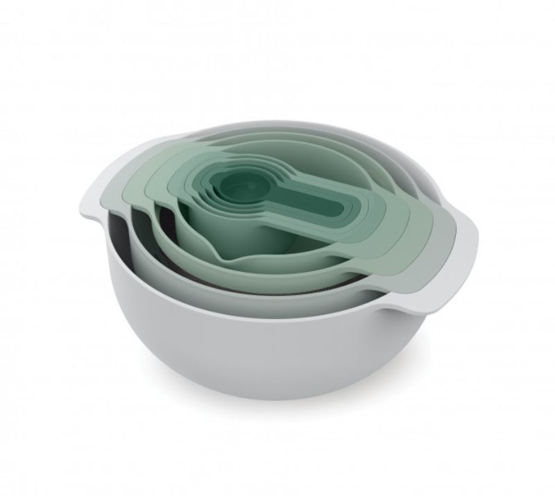 Joseph Joseph Nest 9 Piece Bowls Set in sage green, featuring space-saving stacked design and versatile kitchen essentials.