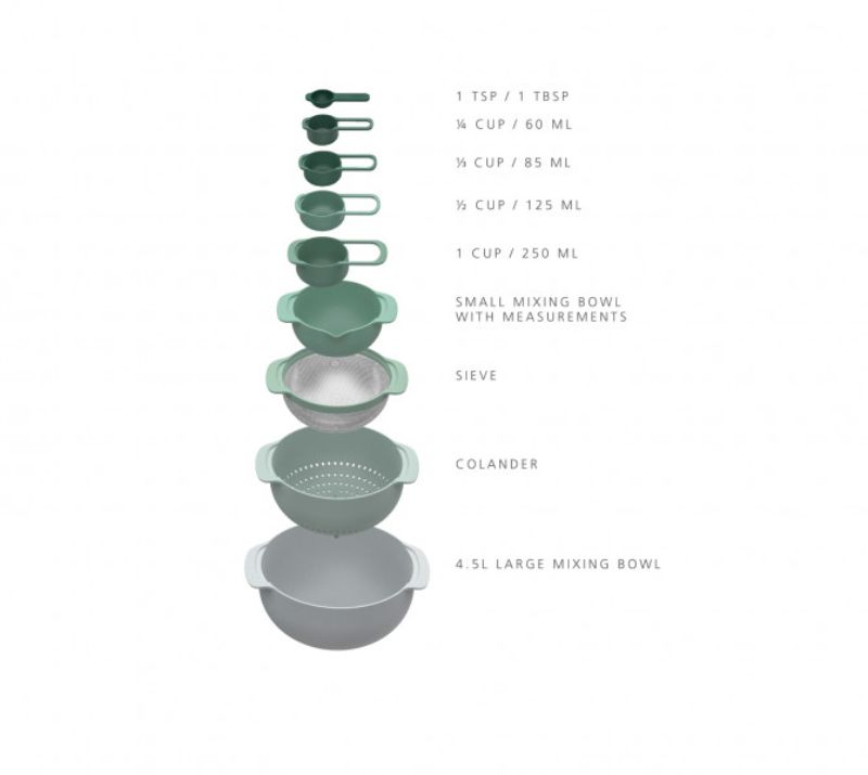 Joseph Joseph Nest 9-piece bowl set in sage green, featuring nesting design, mixing bowls, colander, sieve, and measuring cups.