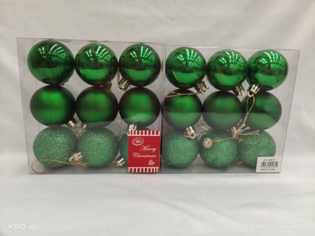 Green 5cm Christmas decoration balls in a pack of 12, ideal for festive arrangements and shatterproof for safety.