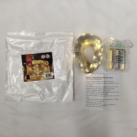 Warm white battery-operated Christmas lights with 200 LED heads on 20m wire, perfect for festive indoor and outdoor decor.