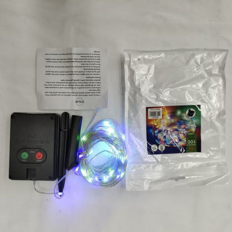 Vibrant solar-powered Christmas lights set with 100 colorful LED bulbs across 10m, perfect for festive decor.