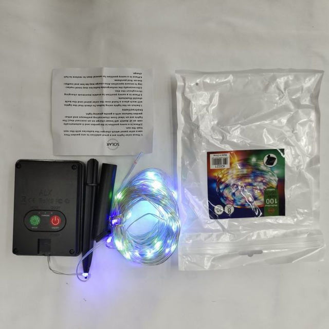 Vibrant solar-powered Christmas lights set with 100 colorful LED bulbs across 10m, perfect for festive decor.