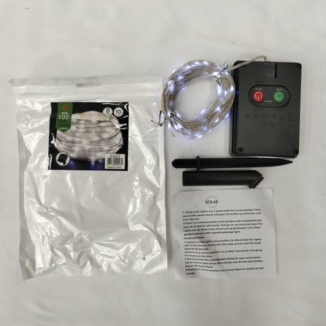 Solar Christmas lights with 100 white heads on 10m string, perfect for festive outdoor decorations.