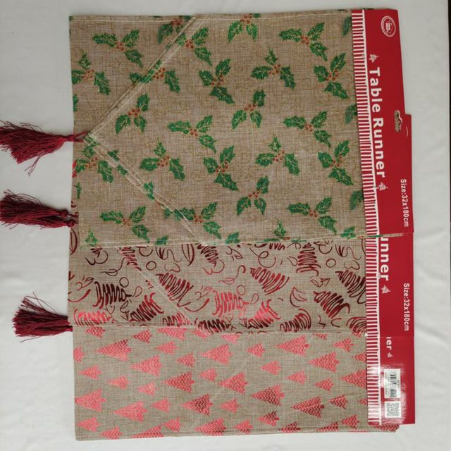 Elegant set of 12 assorted natural Christmas table runners, each 32 x 180 cm, perfect for festive dining decor.