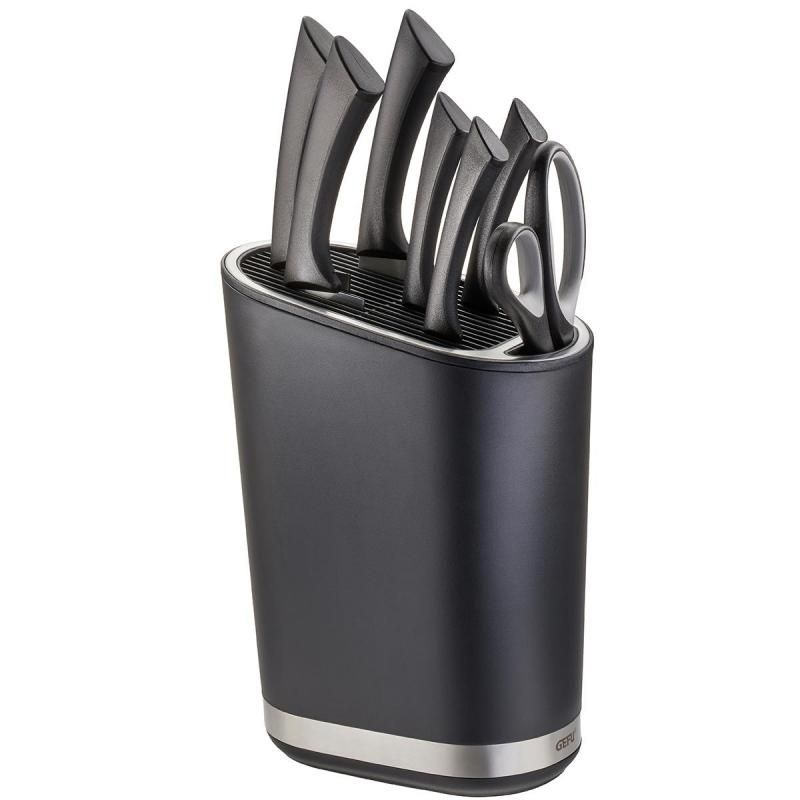 Gefu Smartline Knife Block featuring a sleek black design, holds 28 knives and includes space for scissors or sharpening steel.