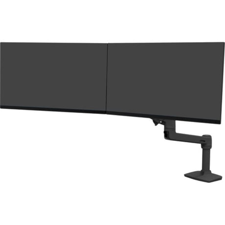 Ergotron dual monitor mounting arm in matte black, supporting two displays up to 63.5 inches for an ergonomic workspace.