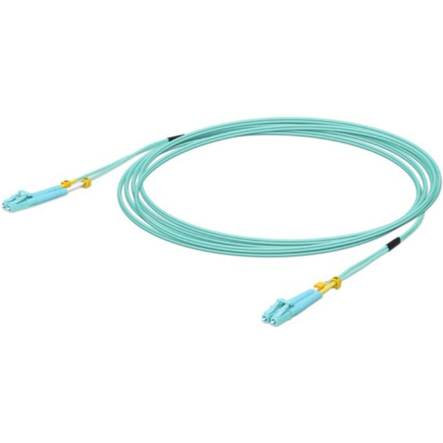 Ubiquiti UniFi 50 cm turquoise fiber optic patch cable with LC connectors, supporting up to 10G Ethernet speeds.