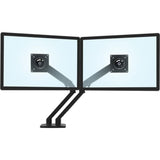 Matte black Ergotron dual monitor arm with height adjustment, modern 'V' shape design, and integrated cable management.