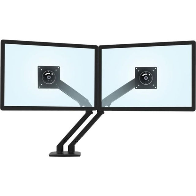 Matte black Ergotron dual monitor arm with height adjustment, modern 'V' shape design, and integrated cable management.