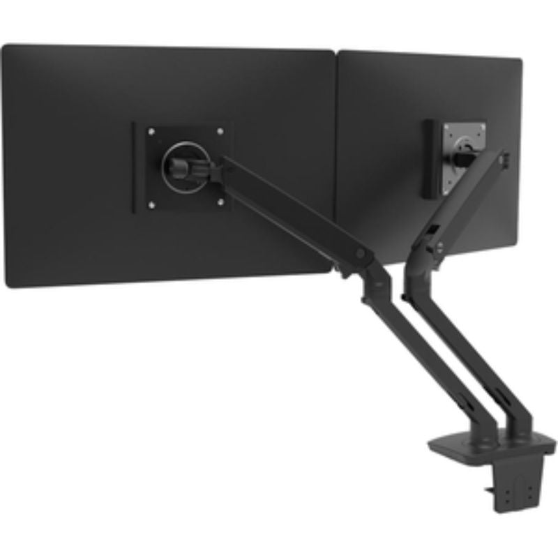 Height-adjustable matte black dual monitor arm with sleek design for optimal screen positioning and cable management.