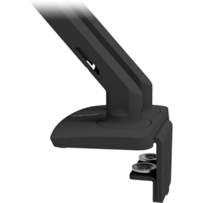 Matte black dual LCD monitor mounting arm with height adjustment and integrated cable management for an organized workspace.