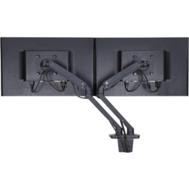 Height-adjustable matte black Ergotron mounting arm for dual LCD monitors with cable management and modern design.