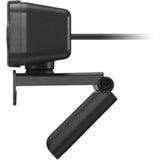 Lenovo Essential Webcam in black, featuring 2MP, Full HD 1920x1080 resolution, dual mics, privacy shutter, and USB 2.0 connectivity.