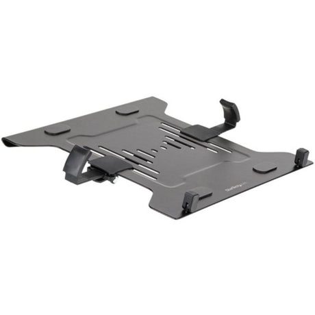 Height-adjustable black notebook mounting tray for laptops, with robust steel construction and ventilation for optimal airflow.